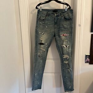 Hyper Denim Indigo‎ Patch Stretch Ripped Jeans
